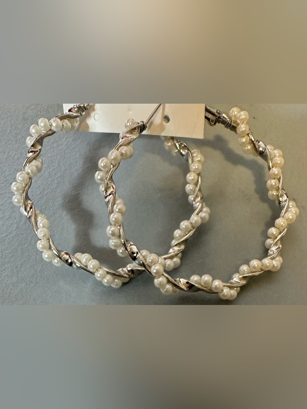 Pearl-Embellished Twisted Hoop Earrings - Silver & Ivory